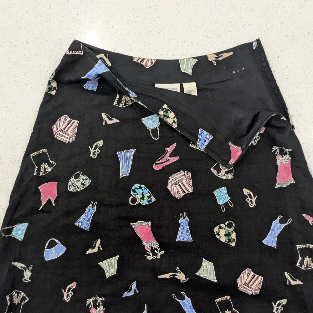 Liz Claiborne Linen Black A-Line Skirt Size 8 Knee Length Fashion Novelty Print